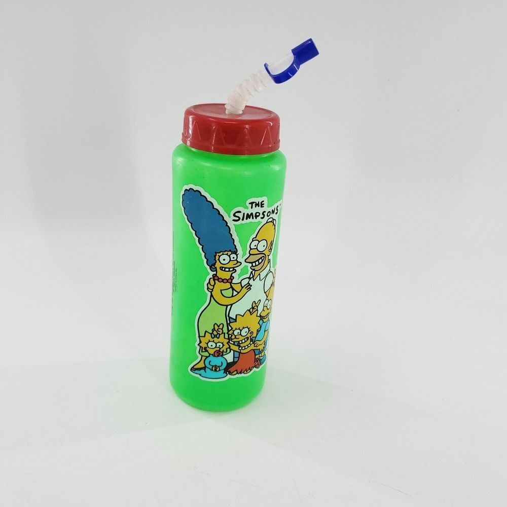 Vintage 1990 Simpsons Green Plastic Tumbler‎ Cup Mug Lid Straw Cartoon